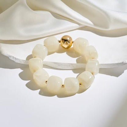 WOWORAMA Chunky Beaded Bracelets for Women Colorful Large Square Beads Bracelet Boho Acrylic Resin Stretch Bracelets Statement Chunky Bracelet Summer Jewelry - color: Square-Cream White