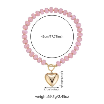 Chunky Heart Necklaces for Women Colorful Resin Beaded Necklaces for Women Gold Puffy Heart Statement Necklace Trendy Acrylic Choker Jewelry Gift - color: light pink