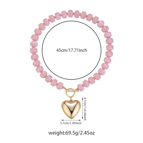 Chunky Heart Necklaces for Women Colorful Resin Beaded Necklaces for Women Gold Puffy Heart Statement Necklace Trendy Acrylic Choker Jewelry Gift - color: light pink