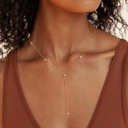 LuckFairy Lariat Necklace for Women，Dainty Gold Long Necklaces 14k Gold Plated CZ Lips Bead Y-Shaped Drop Chain Necklace Simple Gold Layered Necklaces for Women Trendy Gold Jewelry Gifts for Women - color: CZ y