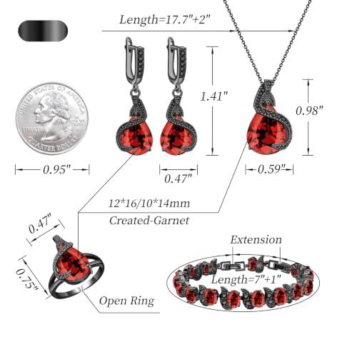 Jewelry Set for Women Teardrop Earrings Necklace Ring Bracelet Set Party Wedding Jewelry Gift for Mother Wife Friend - color: Black Gun-Garnet