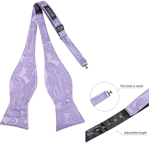 Hi-Tie 5Pcs Mens Solid Color Silk Tie Satin Pretied Bowtie Lapel Pin for Men Handkerchief Cufflink Wedding Gift Box - color: Lavender Purple-self Tie