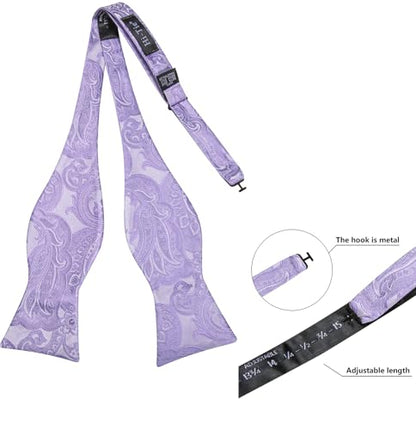 Hi-Tie 5Pcs Mens Solid Color Silk Tie Satin Pretied Bowtie Lapel Pin for Men Handkerchief Cufflink Wedding Gift Box - color: Lavender Purple-self Tie