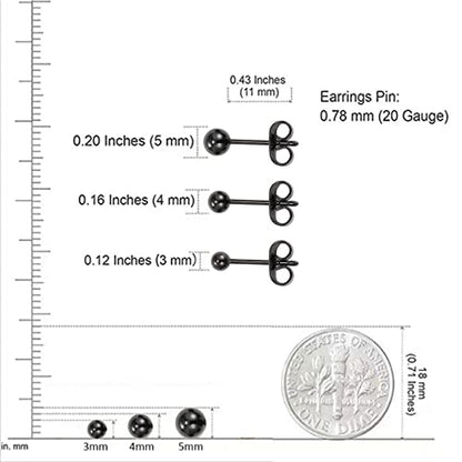 Titanium Ball Earrings Hypoallergenic Studs for Women Men Sensitive Ears Black 3mm 4mm 5mm Titanium Backs - style: 4mm black