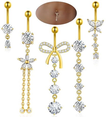 BSJ4U Belly Button Rings Gold Plated Silver Pink Clear CZ Belly Rings for Women Heart Bow Flower Butterfly Teardrop Dangle Navel Belly Button Piercing Jewelry - color: Gold Plated Clear Dangle Belly Button Rings