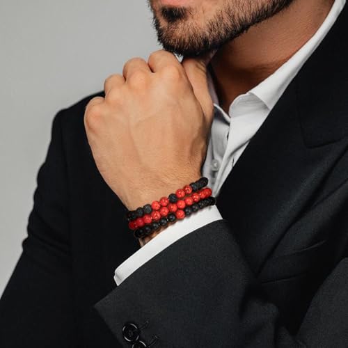 Mens Bead Bracelet Set - Adjustable Elastic Rope With 6&8MM Natural Stone Multi-Colored Beads - Tiger Eye Bracelets for Men - Gift - style: 3,red,black bracelet