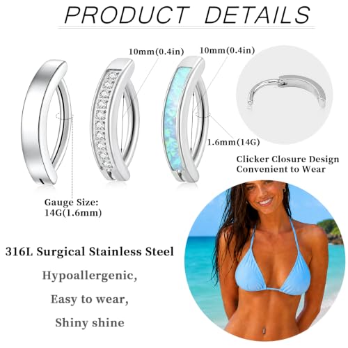 Clicker Belly Button Ring Hoop Belly Button Ring 14G Navel Ring | Surgical stainless steel hinged belly button ring for belly button piercing, navel body jewelry for women and men - color: 3 Silver