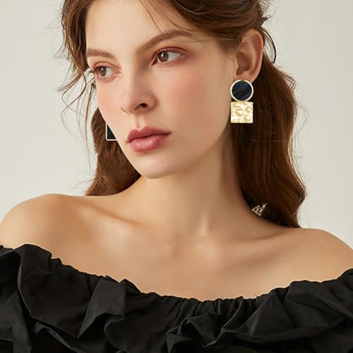 Simplicity 14K Gold Round Square Dangle Drop Earrings 70s 80s Vintage Geometry Stud Earring for Women