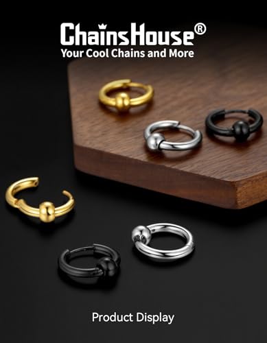 ChainsHouse Stud Earrings for Men Women,316L Stainless Steel/14K Gold/Black Plated Metal, Punk Hypoallergenic Surgical Huggie Hoop Earrings Mens Jewelry Piercing Hoop Earrings - style: B: Gold-Bead Hoop(1 Pair)