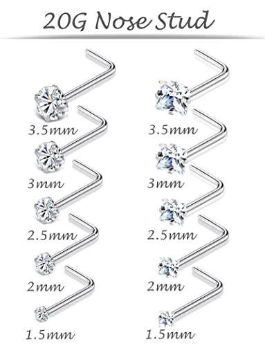 20G 10Pcs Stainless Steel L Screw Bone Shaped Nose Studs Rings Square Round CZ Nose Ring Labret Nose Piercing Jewelry for Men Women Silver Tone 1.5mm-2mm-2.5mm-3mm-3.5mm CZ - style: G:(10Pcs,Square+Round CZ)
