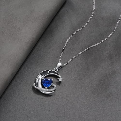I Love You to the Moon and Back Necklace 925 Sterling Silver Black Crescent Moon Star Pendant with Heart Birthstone Necklace Anniversary Gothic Jewelry Gifts for Women Wife Lovers - color: 09-Sep-Sapphire