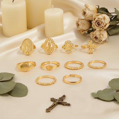 Chunky Gold Rings for Women Non Tarnish, Baroque Pearl Flower Tiger's Eye Stone Rings Adjustable Stacking Statement Rings Set Fashion Jewelry Gifts - style: Cross_religious