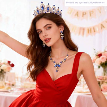 Kamirola Tiaras and Crowns for Women,Tiaras Earrings Necklace, Crystal Bridal Jewelry Set, Costume Party Halloween Prom Pageant Jewelry for Women(TR45) - color: Gold Blue