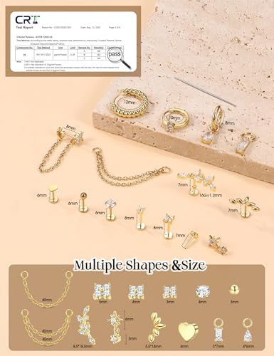 ORAZIO 16G/18G/20G Threadless Flat Back Earrings Push in Nose Rings Studs | 316L Surgical Steel Cartilage Earring Stacks Flatback Hypoallergenic Tragus Helix Conch Labret Medusa Piercing Jewelry - color: Style2-Gold, size: 16G=1.2mm