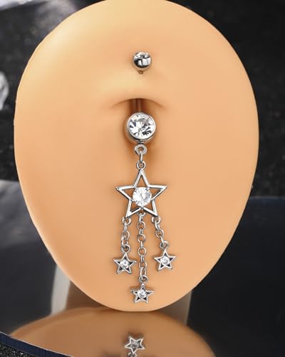 Dangle Belly Button Rings 14G Star Dangly Belly Navel Rings for Women Silver Belly Piercing Jewelry Dangling Stainless Steel - color: Silver