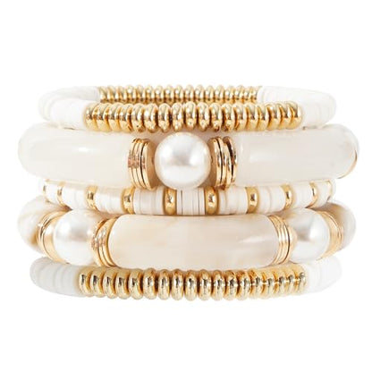GOOJIDS Simple Beaded Gold Plated Bangles Bracelet Chunky Bamboo Tube Curved Stacking Clear Acrylic Colorful Beads Stretchable Gold Plated Bracelets Set For Women - color: A-A1 Ivory Set