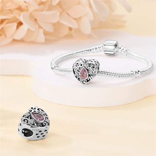 Pandach 925 Sterling Silver Charms for Bracelet&Necklace Dangle Pendant Bead with 5A Cubic Zirconia Stones,Jewelry Beads Gifts for Women - style: Vintage pink beads