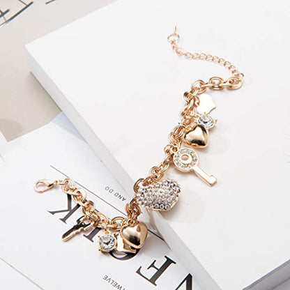 SILANER Gold Chain Link Bracelet - 7"+ 2" Extender 14K Gold Plated Love Locked Bracelets for Women, with Crystal, Love Heart,Key, Lock, Charm Bracelet - color: Love Locked Gold Charm