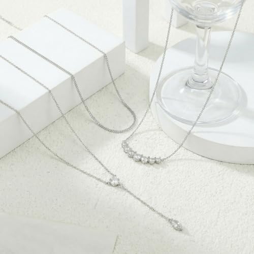 14k Gold Plated Layered Cubic Zirconia Pendant Necklace for Women | Gold Plated Clover Necklaces Stackable Dainty Cubic Zirconia Pendant Necklace，Mother's Day, Thanksgiving Jewelry Trendy gifts - color: silvery, style: Style4