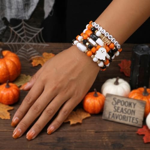 Ardorchid Halloween Bracelets for Women Pumpkin Ghost Steleton Bat Skull Beaded Stackable Stretchy Bracelet Rugby Thanksgiving Christmas Heishi Bracelets - color: Halloween Bracelet -2