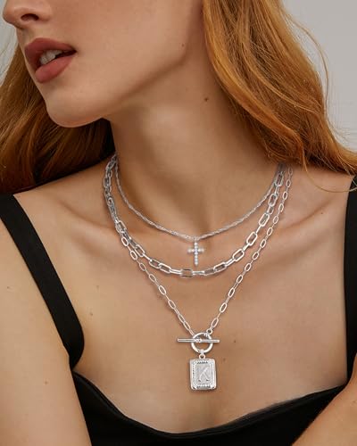 MJartoria Layered Initial Necklaces for Women Trendy, 14K Gold Plated Brass Simple Dainty Cross Choker Square Letter Pendant Necklace, Paperclip Chain Necklaces Jewelry - color: Silvery, style: K