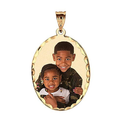 Oval w/Diamond Cut Edge Custom Photo Engraved Pendant - in Solid 14K, 10k, Yellow, White, Or Sterling Silver - color: Solid 10K Yellow Gold + Photo, size: 3/4 x 1 Inch