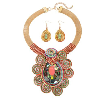 African Jewelry Sets Statement Big Crystal Pendent Necklace Earrings Set For Women Handmade Bib Collar Costume Tribal Fashion Accessories - color: KDLUN5305 Multicolor