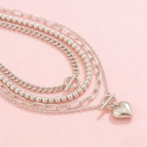 Chunky Layered Necklaces for Women, Stackable Paperclip Chain Necklace Set with Coin & Heart Pendants, Trendy Statement Jewelry for Everyday Wear and Gift Giving - color: Silver