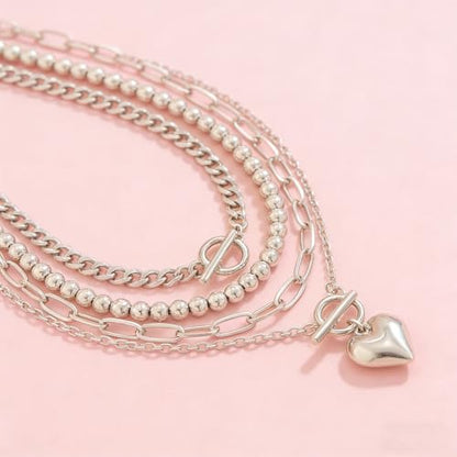 Chunky Layered Necklaces for Women, Stackable Paperclip Chain Necklace Set with Coin & Heart Pendants, Trendy Statement Jewelry for Everyday Wear and Gift Giving - color: Silver