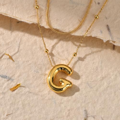 LUCA SMITH 2-Piece Initial Necklaces for Women, Dainty Balloon Bubble A-Z Letter Necklace Set, Name Letter Alphabet Pendant Layered Choker Necklaces Personalized Jewelry Gift - color: Gold bubble letter necklace, style: Initial Set-G