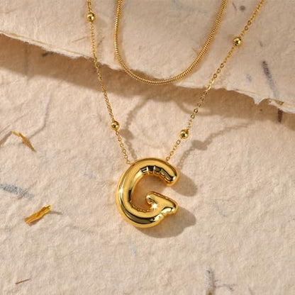 LUCA SMITH 2-Piece Initial Necklaces for Women, Dainty Balloon Bubble A-Z Letter Necklace Set, Name Letter Alphabet Pendant Layered Choker Necklaces Personalized Jewelry Gift - color: Gold bubble letter necklace, style: Initial Set-G