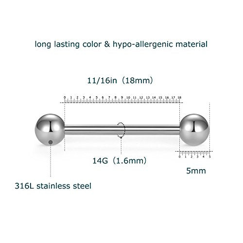VCMART 12mm-18mm 14G Tongue Rings Nipple Straight Barbells Surgical Steel Body Piercing Jewelry - style: Style E1 -12pcs, silver