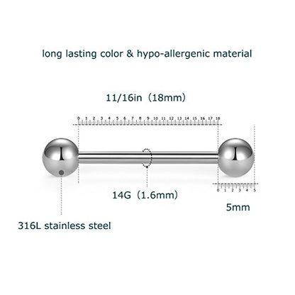 VCMART 12mm-18mm 14G Tongue Rings Nipple Straight Barbells Surgical Steel Body Piercing Jewelry - style: Style C -24pcs, silver & black
