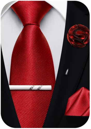 Solid Color Tie and Pocket Square with Tie Clip Lapel Pin Silk Formal Necktie Set Wedding Formal - color: Red