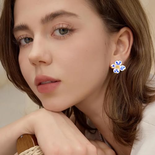 Clip on Earrings Women, 14K Gold Plated Earrings for Sensitive Ears, Fashion Women's Earrings Jewelry Birthday Gift for Wife Grandma Daughter Girls on Christmas Thanksgiving - color: Cherry Blossom Blue Marble