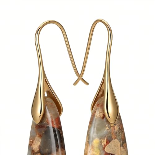 Boho Natural Imperial Jasper Teardrop Dangle Earrings for Women – Hypoallergenic French Hook Stone Drop Earrings Jewelry - color: Agalmatolite Golden Hook