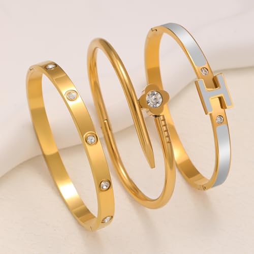 3Pcs Gold Bracelets for Women 14K Gold Plated Love/H/Nail Bangle Bracelet Dainty Non Tarnish Bracelet Jewelry Christmas Mothers Day Gifts for Women - color: 3Pcs Gold/Grey H bracelet