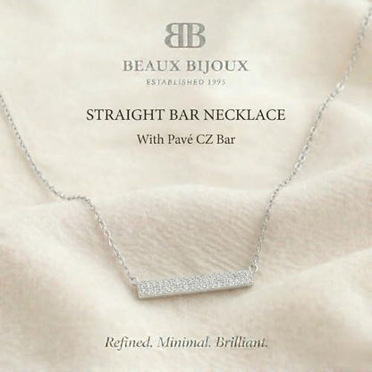 Horizontal Bar Necklace for Women, Sterling Silver or 14K Gold Plated Silver, Minimalist, CZ Diamond, Dainty Bar Pendant - Unique Jewelry Gift - style: Signature Pavé - Silver