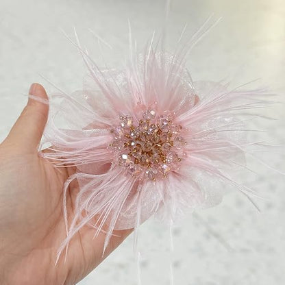 4" Crystal Feather Flower Brooch Pin for Women Girls Dainty Bright Satin Rhinestone Floral Brooches Lapel Hair Pins Elegant Wedding Cocktail Prom Party Hat Bag Suit Clothing Dress Accessories Jewelry Gift - color: Pink