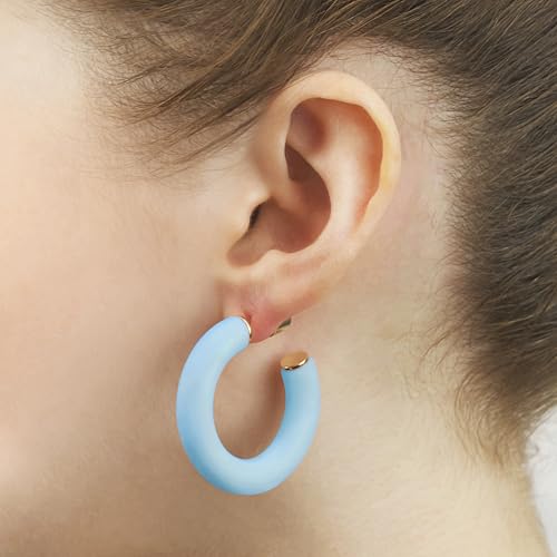Gold Plated Multicolor Resin Chunky Thick Open Hoop Earrings in 57MM and 37.5MM Diameters - color: Blue - Baby Blue - Matte Finish, size: 37.5MM (1.48") Diameter