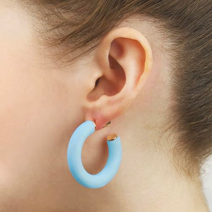 Gold Plated Multicolor Resin Chunky Thick Open Hoop Earrings in 57MM and 37.5MM Diameters - color: Blue - Baby Blue - Matte Finish, size: 37.5MM (1.48") Diameter