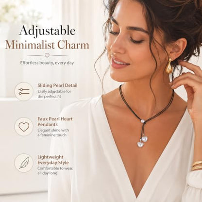 A Bohemian Style Heart Faux Pearl Leather Cord Necklace Y Drop Necklace Black Leather Wrap Choker Necklace Gothic Tie Up Necklace Chain Jewelry for Women
