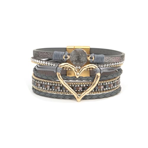 Fuqimanman2020 Heart Leather Wrap Bracelets Boho Stackable Cuff Bangles Resin Stone Rhinestone Bracelets with Clasp Christmas Jewelry Gift for Women - color: Dark Grey