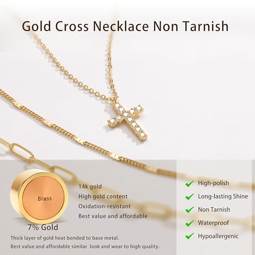 Poxtex Layered Gold Necklaces for Women, Stackable Dainty 14K Gold Silver Plated Trendy Simple Heart Diamond Cross Bow Circle Pendant Paperclip Choker Dot Chain Necklace,Jewelry Set Gifts for Women - color: Gold, style: Cross2