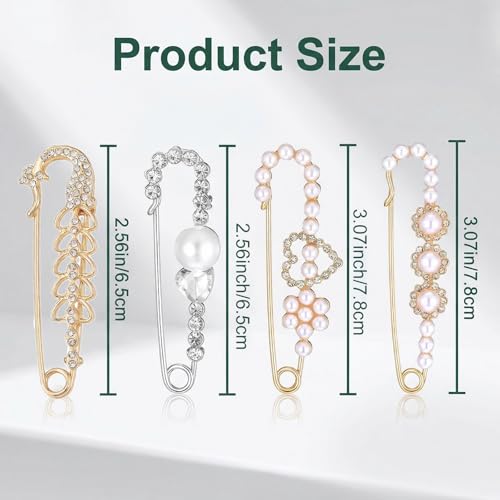 4 Pcs Women Brooch Pins Set, Faux Crystal Pearl Decorative Brooches, Multipurpose Sweater Shawl Clips, Safety Fastener Clothes Buckle Clips, Stylish Dress Shirt Clips for Daily Outfit Decoration