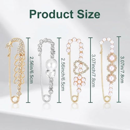 4 Pcs Women Brooch Pins Set, Faux Crystal Pearl Decorative Brooches, Multipurpose Sweater Shawl Clips, Safety Fastener Clothes Buckle Clips, Stylish Dress Shirt Clips for Daily Outfit Decoration