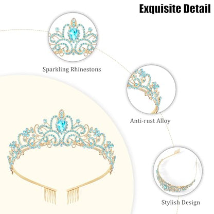 TAROSE Crowns for Women, Queen Crystal Gold Silver Tiaras Goddess Crown | with White Rhinestone and Combs, Wedding Bride Birthday Princess Bridal Shower Hair Accessories for Women - color: 1 G. Gold+Lake Blue