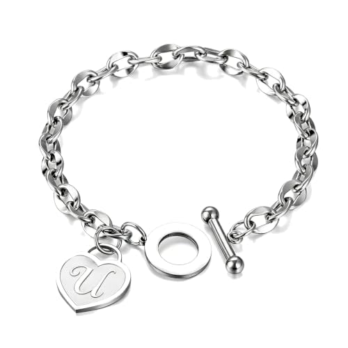 Initial Heart Charm Bracelets for Women 14K gold/Silver Tone Stainless Steel OT Clasp Heart A-Z Letter Name Bangle Bracelet Gifts - color: U
