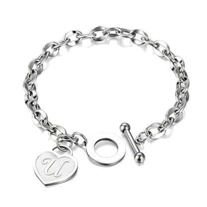 Initial Heart Charm Bracelets for Women 14K gold/Silver Tone Stainless Steel OT Clasp Heart A-Z Letter Name Bangle Bracelet Gifts - color: U
