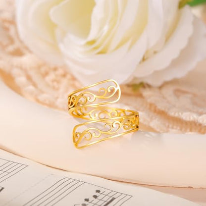 TEAMER Adjustable Filigree Flower Ring Stainless Steel Filigree Flower Ring Bohemian Jewelry Band Open Ring For Women - color: Gold